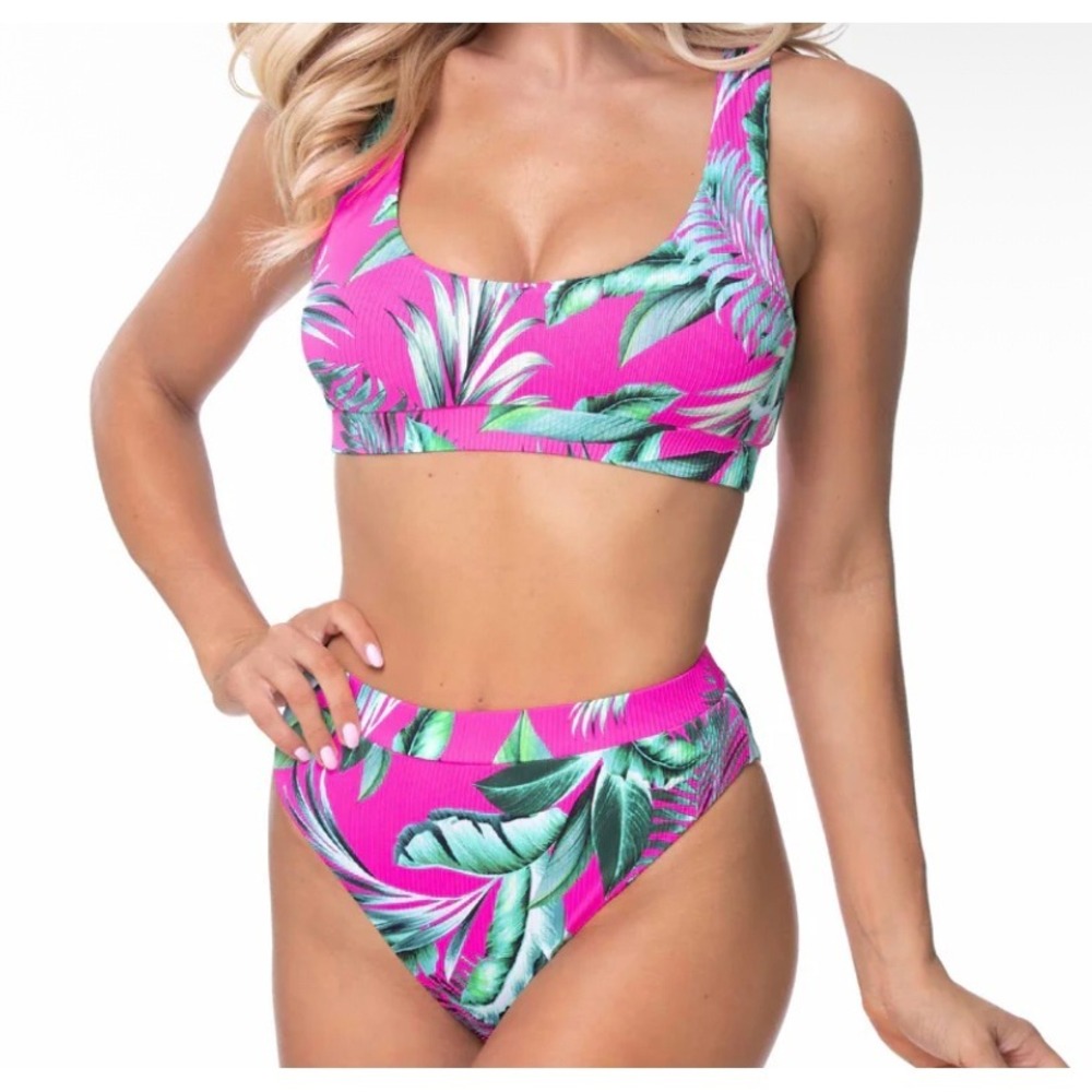Beach Joy Bikini Two‎ Piece Set S Pink Tropical Palm High Waist Ribbed Swimwear